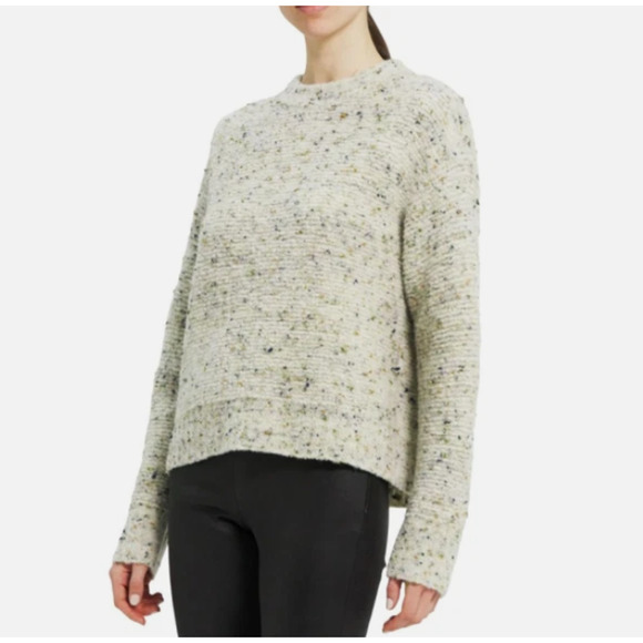NWT Theory Boxy Mockneck Tweed Boucle Knit Sweater Pullover Evergreen - Size L - Picture 1 of 6